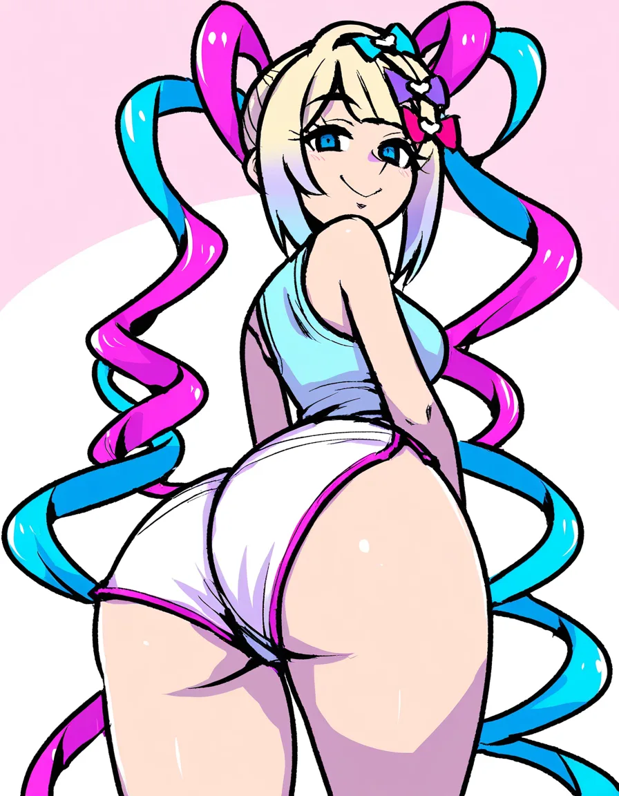 akairiot_artstyle, @chouzetsusaikawa_tenshi-chan, 1girl, solo, ass, naughty_face, dolphin_shorts, white_shorts, full_body, standing, looking_back, looking_at_viewer, eye_contact, from_behind, hentai_studio_quality