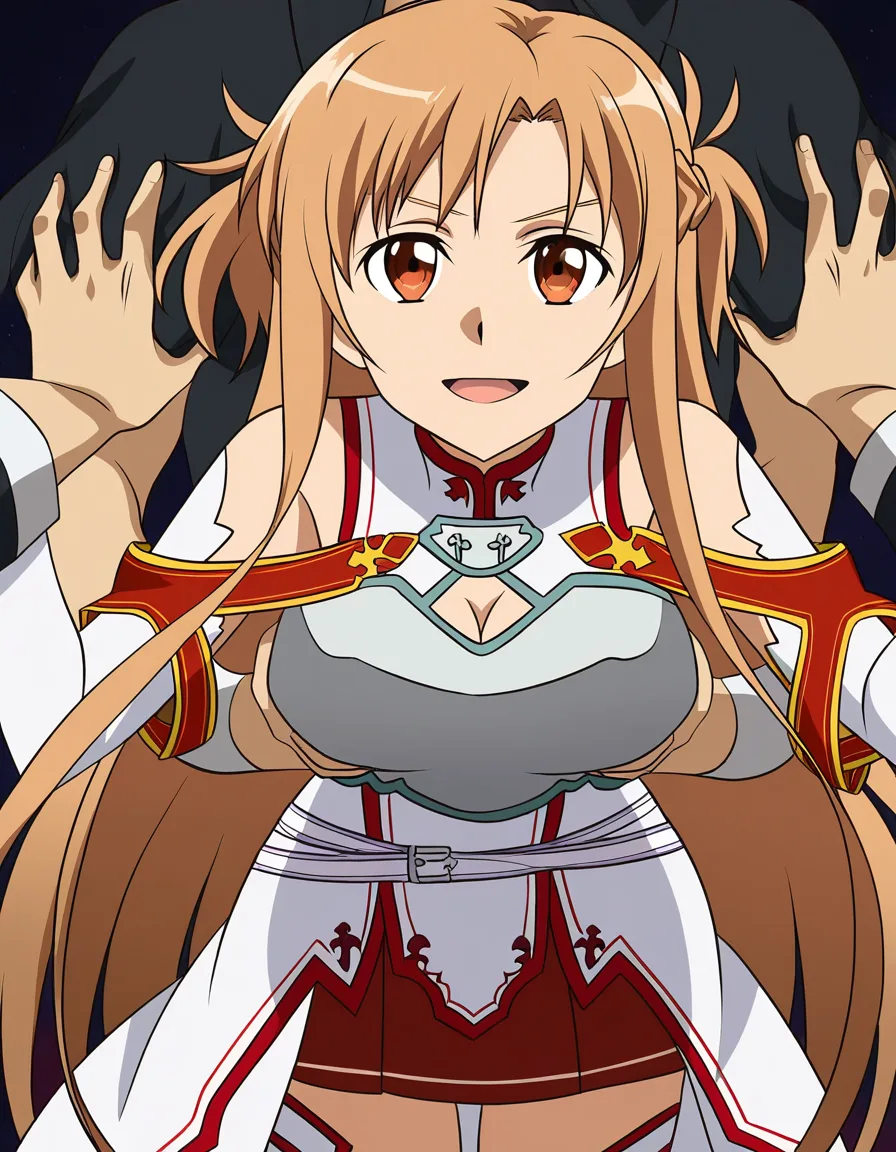 @asuna_(sao) cleavage_cutout thighs arched_back in action from_above ass_visible_through_thighs Cuckolding teasing stranger while boyfriend watches  grabbing_another's_breast grabbing_another's_ass, (anime style:1.3), 2d, anime screencap, cel shading, flat color