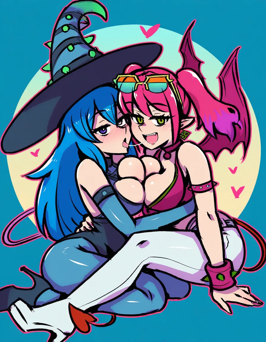 #akairiot_artstyle, @evil_twin_ki-sikil, @evil_twin_lil-la, @ki-sikil_(yu-gi-oh!), @lil-la_(yu-gi-oh!), 2girls, duel_monster, naughty_face, large_breasts, demon_wings, demon_tail, pink_hair, blue_hair, long_hair, short_hair, large_hat, hat, high_heels, pantyhose, orange-tinted_eyewear, blue-tinted_eyewear, yuri, french_kiss, saliva, saliva_trail, full_body, sitting, pink_theme, blue_theme, hentai_studio_quality