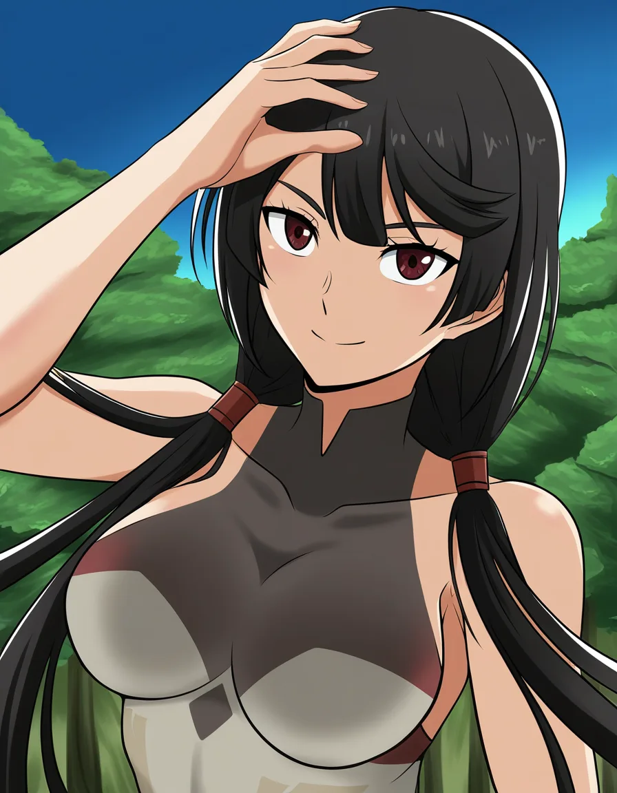 best quality, polished, detailed shading, Zinnia (Pokémon), looking_at_viewer, medium_breasts, long_hair, not her usual ponytail, but long open hair, the front part of her hair is as usual, forest, blue_sky, light_smile, clothed, vivid anime colors, hentai_studio_quality