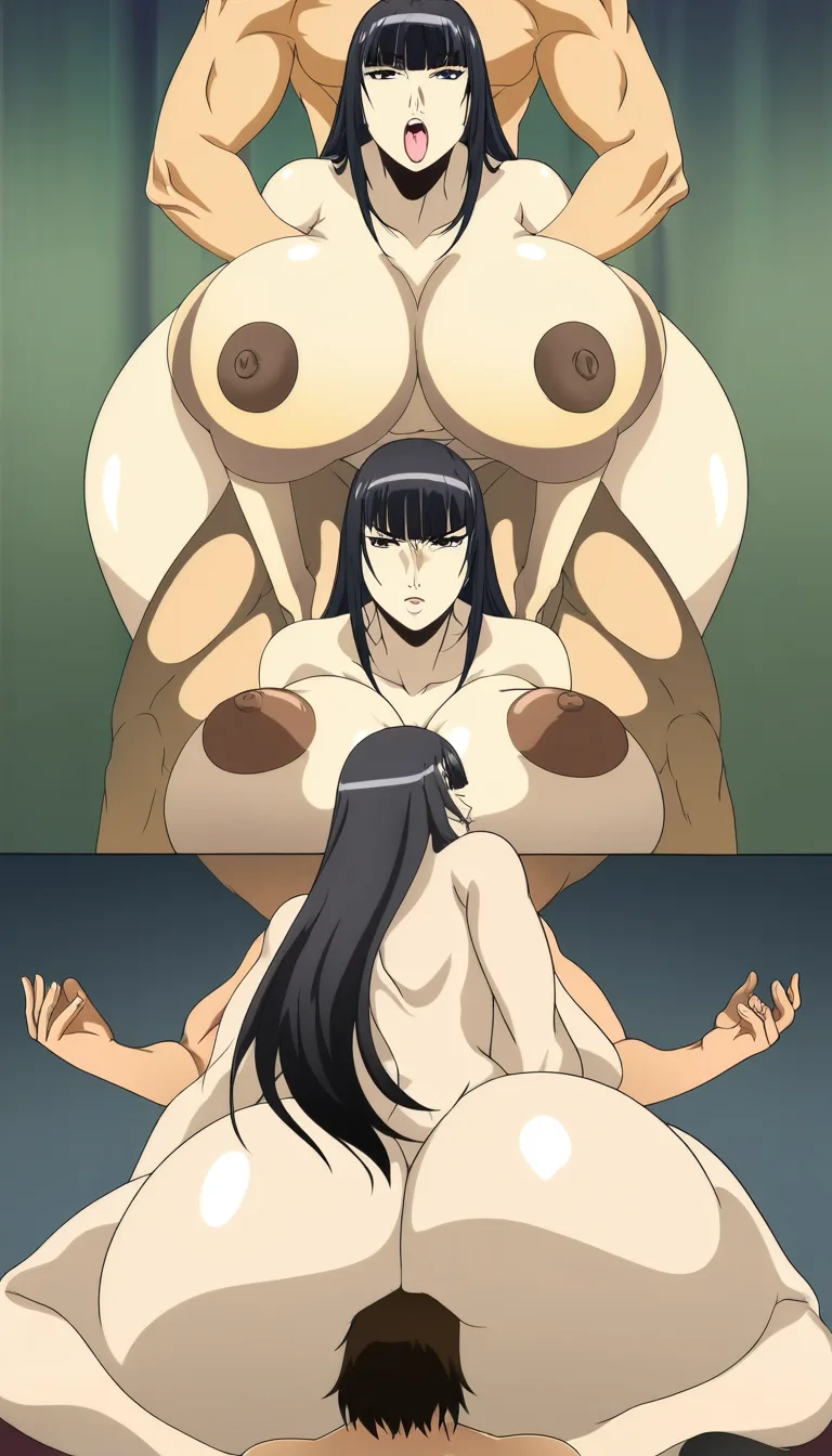 picture realistic hentai, very massive huge breasts & huge curvy legs verry massive huge ass, pritty face, skin white black straight_hair, black eyes 
she is in hotel in cheating cuckold with man fellatio huge dick 9 inches and takes her phone in left hand to talk with her husband, hentai_studio_quality, (anime style:1.3), 2d, anime screencap, cel shading, flat color, hentai_studio_quality, hentai_studio_quality