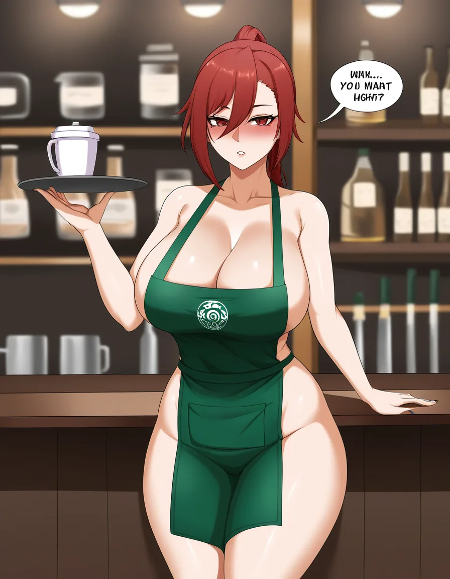 large breasts, barista, nude, apron, revealing_clothes, low cut, hentai_studio_quality
