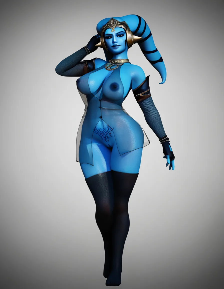 blue skinned twi'lek, visible pubic_tattoo, bottomless, no_bra, naughty_face, see-through_dress, black_thighhighs, score_9, score_8, 3d render, octane render, subsurface scattering, ray tracing, smooth shading