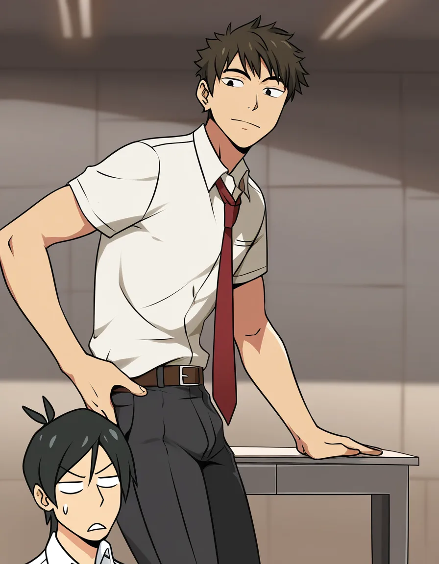 masterpiece, clean art, 2boys, collared shirt, presenting, tender moment, hentai style, hentai_studio_quality