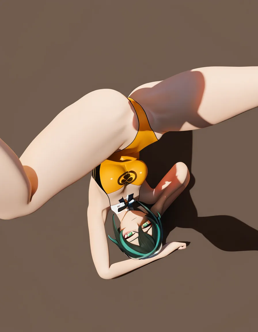 highleg_one-piece_swimsuit hres, vision_(genshin_impact) vid, solo female, bowtie, 69 position, hentai style, score_9, score_8, 3d render, octane render, subsurface scattering, ray tracing, smooth shading