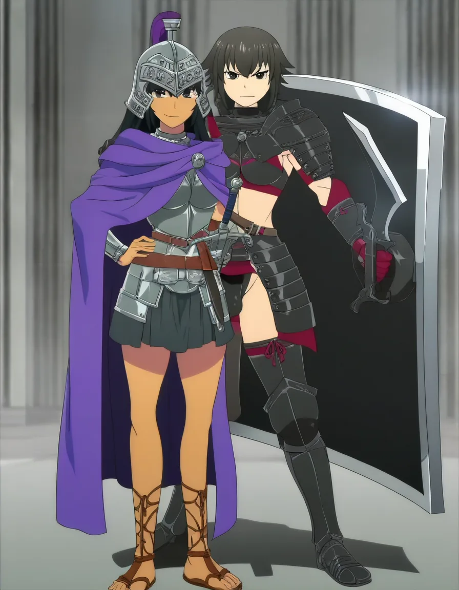 tall otoko_no_ko dark_skin futanari plump wide_hips licking_lips praetorian guard black metal roman armor segmentata, roman black metal helmet, purple cloak, roman skirt, roman sandals, bulge, gladius roman sword, roman legionary shield, legionary armor, hentai_studio_quality, hentai_studio_quality, hentai_studio_quality black_hair dark_skin legs_apart, (anime style:1.3), 2d, anime screencap, cel shading, flat color, hentai_studio_quality