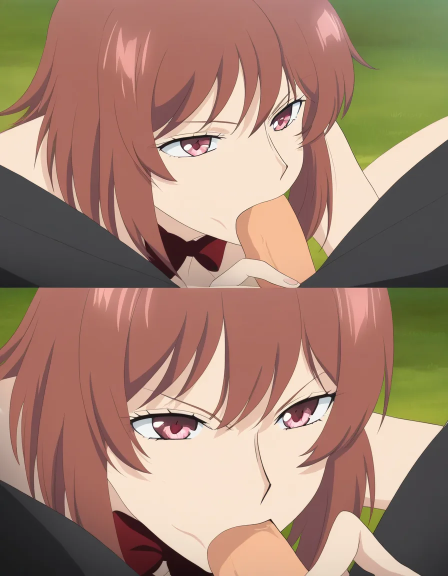 best quality, polished, fitness model, petite adult woman, bowtie, blowjob, visual novel art, (anime style:1.3), 2d, anime screencap, cel shading, flat color