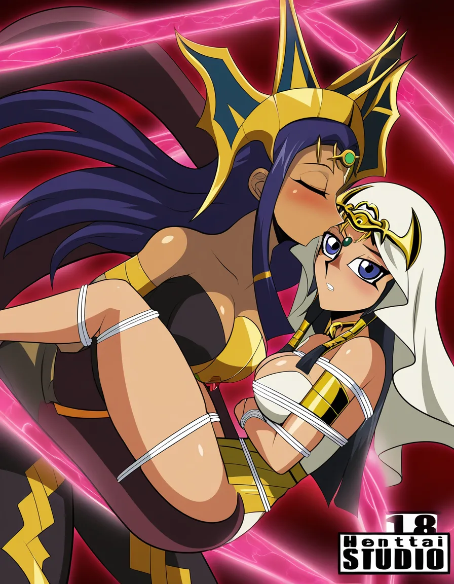 yu_gi_oh , ishizu_ishtar , tan , blue_eyes , monster ,yuri , kiss ,bondage , hentai_studio_quality , ultra_detailed, hentai_studio_quality