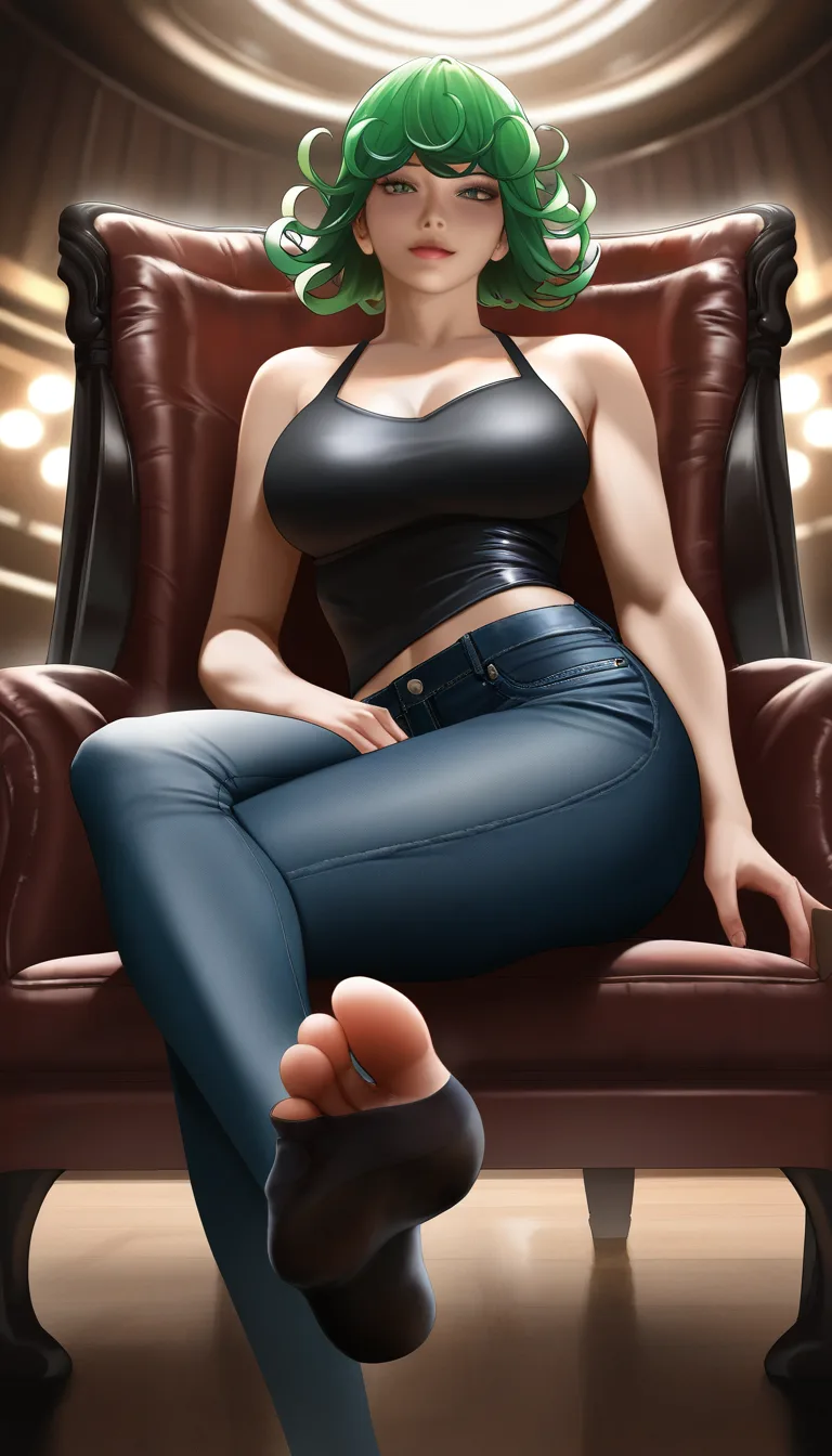 Studio quality, sharp focus , from_below foot_focus , sitting on a Throne @tatsumaki black_tank_top tight_jeans socks soles , crossed_legs , looking_at_viewer , photorealistic, score_9, score_8, candid photo , realistic skin texture, hentai_studio_quality