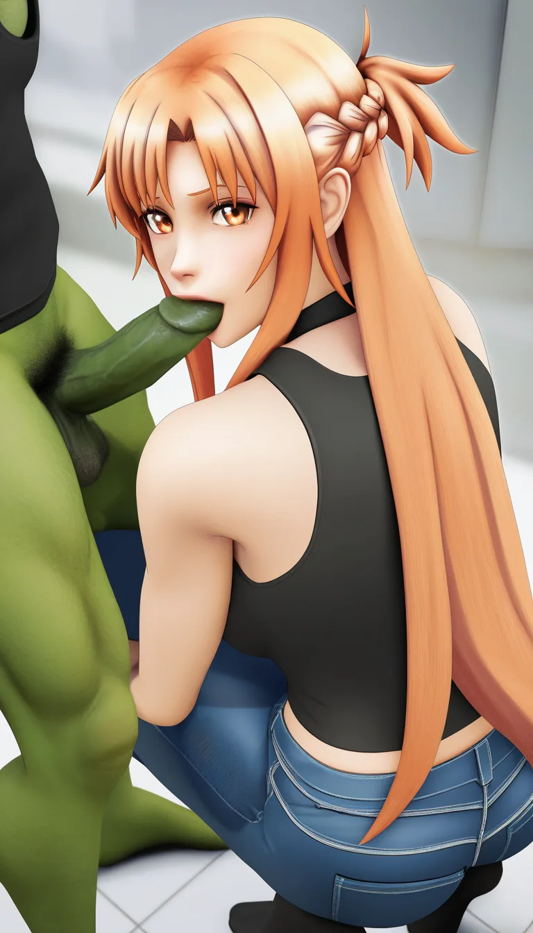 Studio quality, sharp focus , in a castle squatting @asuna_(sao) black_tank_top tight_jeans socks soles , giving a Blowjob to a Orc Huge_veiny_penis , looking_at_viewer , photorealistic, score_9, score_8, candid photo , realistic skin texture, score_9, score_8, 3d render, octane render, subsurface scattering, ray tracing, smooth shading