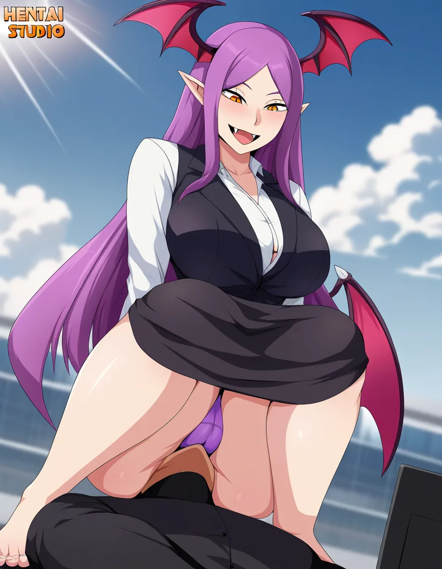 highly detailed, sharp, succubus, barefoot, office wear, facesitting, cloudy sky, hentai style, hentai_studio_quality