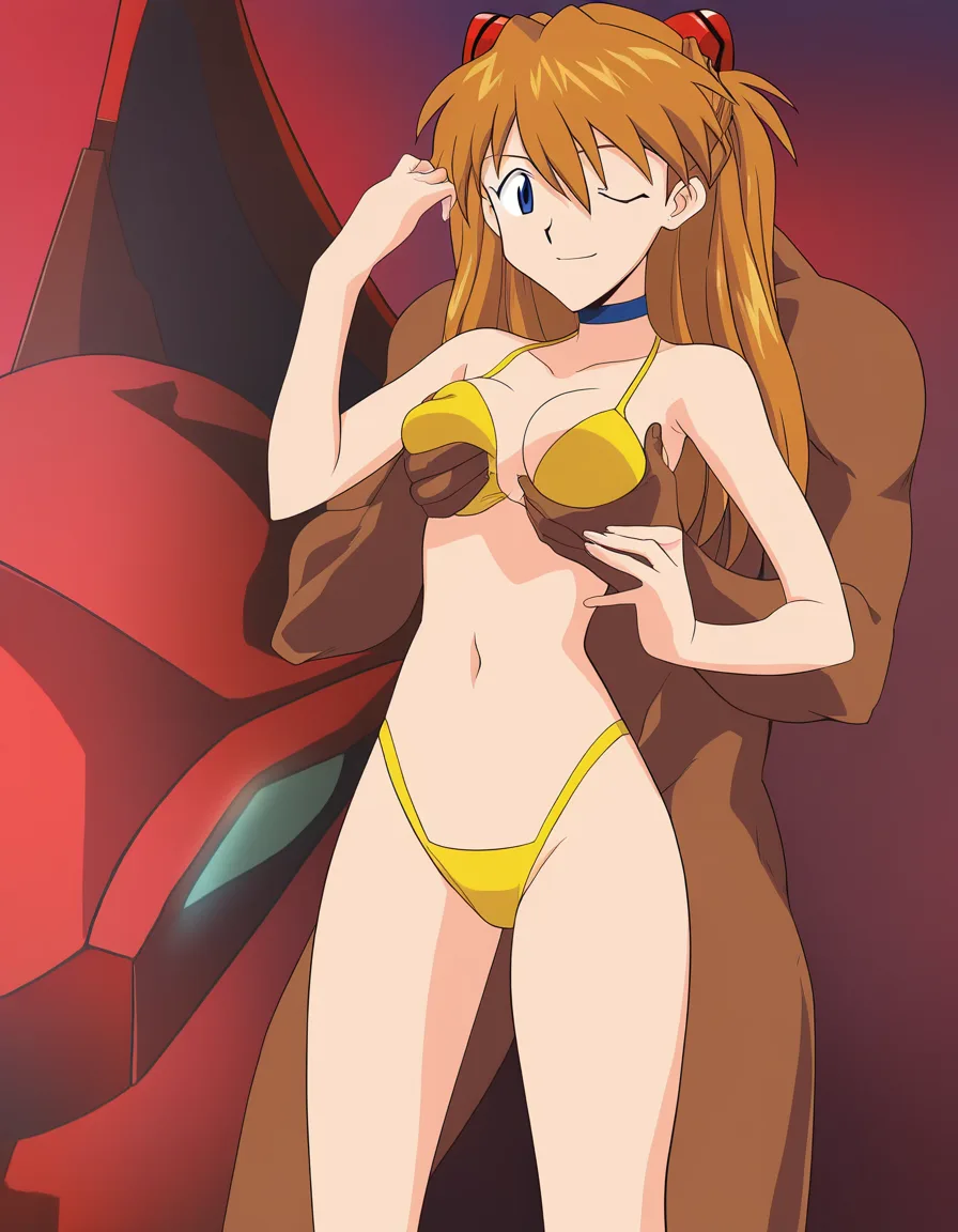 @souryuu_asuka_langley, yellow_bikini, standing, smile, interracial, grabbing_from_behind, (anime style:1.3), 2d, anime screencap, cel shading, flat color