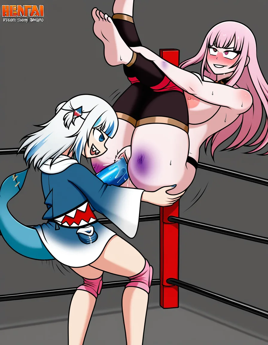 @gawr_gura , @mori_calliope , 2 girls yuri sex, wrestling_ring, wrestling, strapon, vaginal_object_insertion , defeated bruised , pussy_juice orgasm,,,m nude reverse_suspended_congress, hentai_studio_quality, hentai_studio_quality