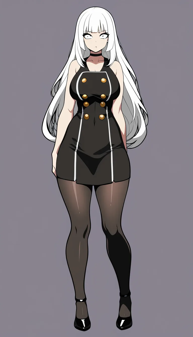 White-haired, pale-skinned, gray-eyed, very very large-breasted, big-hipped, naked woman