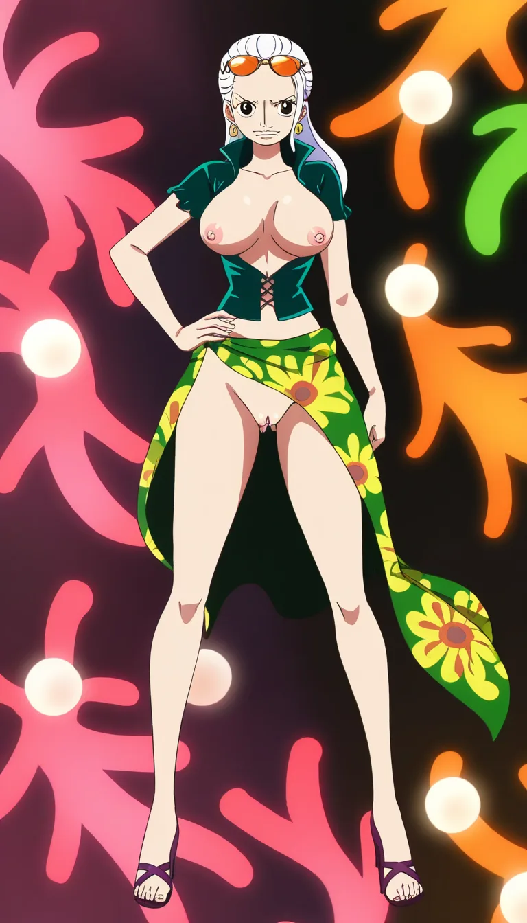 Robin from One Piece, Oda style, full_body, gentle expression, standing, sexy pose, front view, black background, a long coral-pink/salmon wrap skirt or sarong tied around her waist with a decorative green and yellow floral patterns along one side and a fringed/tassel-like hem and a massive front slit revealing her naked pussy, a fitted dark-blue short-sleeved jacket completely open with a high collar and the sleeves slightly rolled at the edges, breasts and nipples exposed, pussy exposed, orange tinted sunglasses on top of head, Red-coral high-heeled pumps with pointed toes, massive amount of sperm dripping from pussy, (anime style:1.3), 2d, anime screencap, cel shading, flat color, @00osamio00