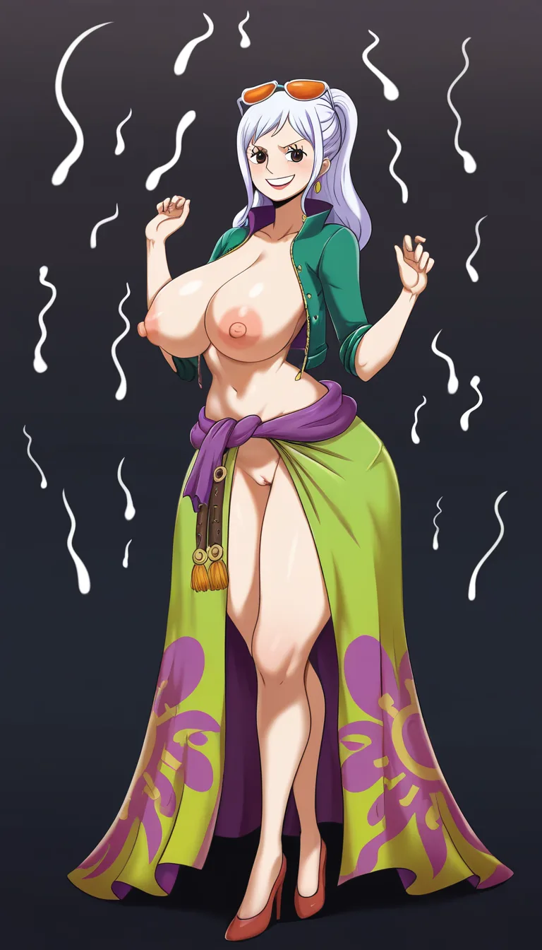 Robin from One Piece, Oda style, full_body, beautiful smile, gentle expression, standing, sexy pose, front view, black background, a long coral-pink/salmon wrap skirt or sarong tied around her waist with a decorative green and yellow floral patterns along one side and a fringed/tassel-like hem and a massive front slit revealing her naked pussy, a fitted dark-blue short-sleeved jacket completely open with a high collar and the sleeves slightly rolled at the edges, breasts and nipples exposed, pussy exposed, orange tinted sunglasses on top of head, Red-coral high-heeled pumps with pointed toes, massive amount of sperm dripping from pussy, hentai_studio_quality