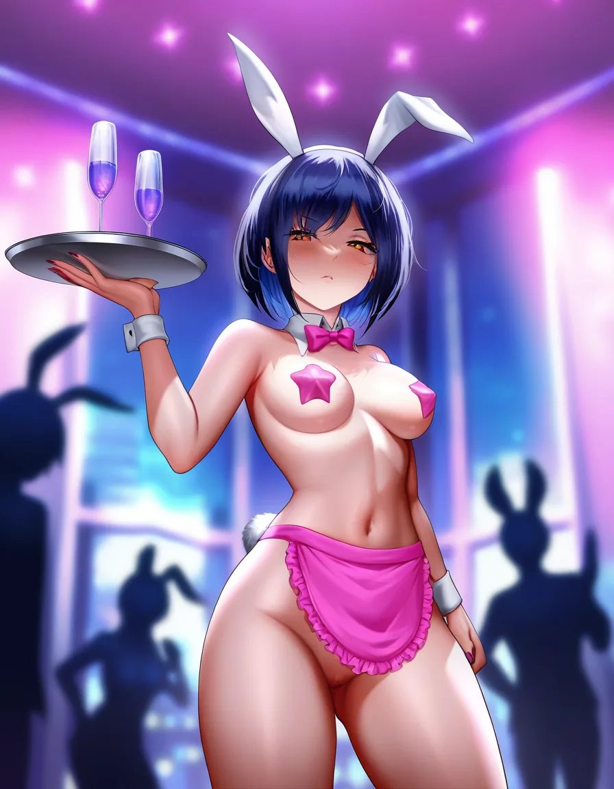 Masterpiece, best quality, vivid, 1girl, solo_focus, petite, medium_breasts, dark blue hair, short_hair, detached_collar, small pink star shaped pasties, pink waist_apron, playboy_bunny ears, midriff functionally nude, bare_shoulders, bottomless, holding_tray, standing, view from slightly below subject
BREAK
Night club, indoors, multiple_others, hentai_studio_quality