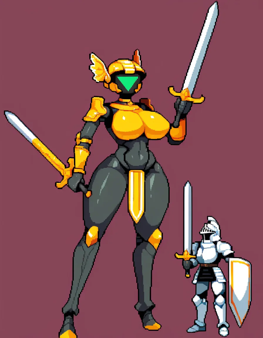 robot girl, screen face, round head, big body, naked, big breast, pixel art, holding_sword on one hand, black_body, green_eyes, knight_helmet, standing, faceless, white_face, winged_helmet, holding_shield on another hand, white and yellow armor, hentai_studio_quality