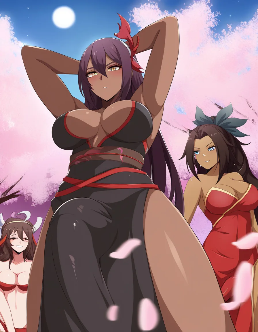 absurdres, highres, multiple girls, futanari, dark skin, hair ribbon, petals, soft cel shading, hentai_studio_quality