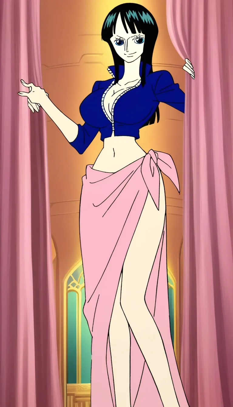 Nico Robin, blue cropped jacket, pink sarong, big breasts, removing_clothes, standing in public,