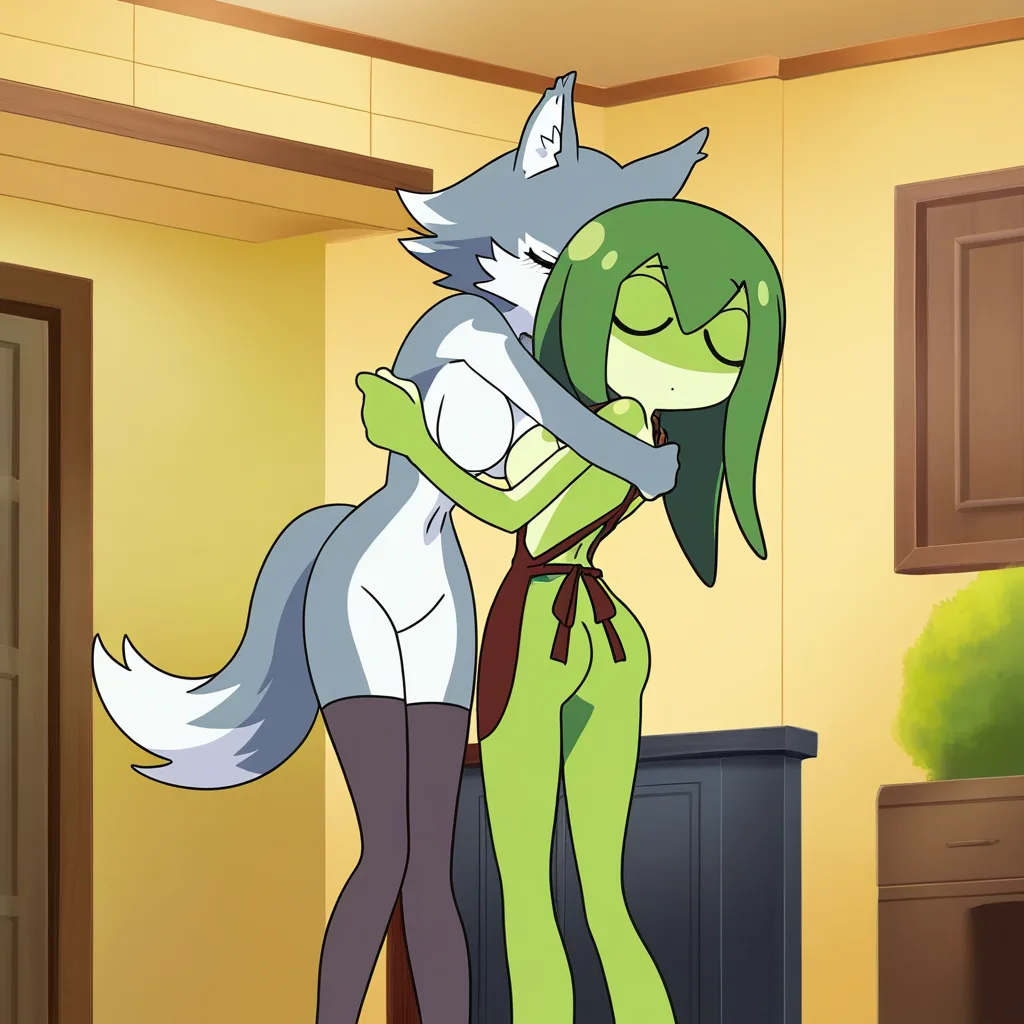 furry, frog girl, wolf girl, 2girls, yuri, breast_sucking, hug, no_humans, thighhighs, house, nude, apron, couple, (anime style:1.3), 2d, anime screencap, cel shading, flat color