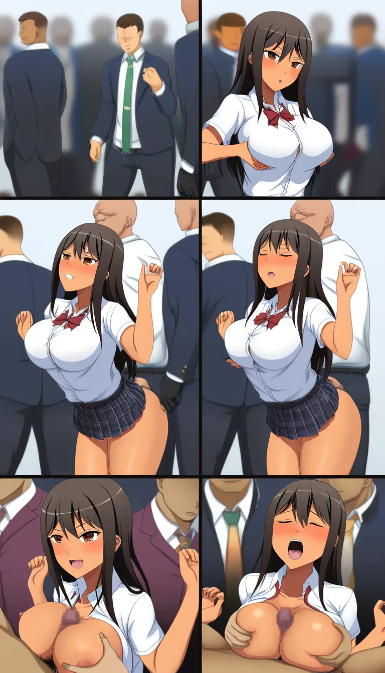 multiple_views, 1girl, multiple_boys, dark-skinned_female, large_breasts, school_uniform, embarrased,.

First scene: standing, clothed, surrounded.

Second scene: on_back, paizuri, breast grab, moaning, dominated, held.

Hentai, hentai_studio_quality