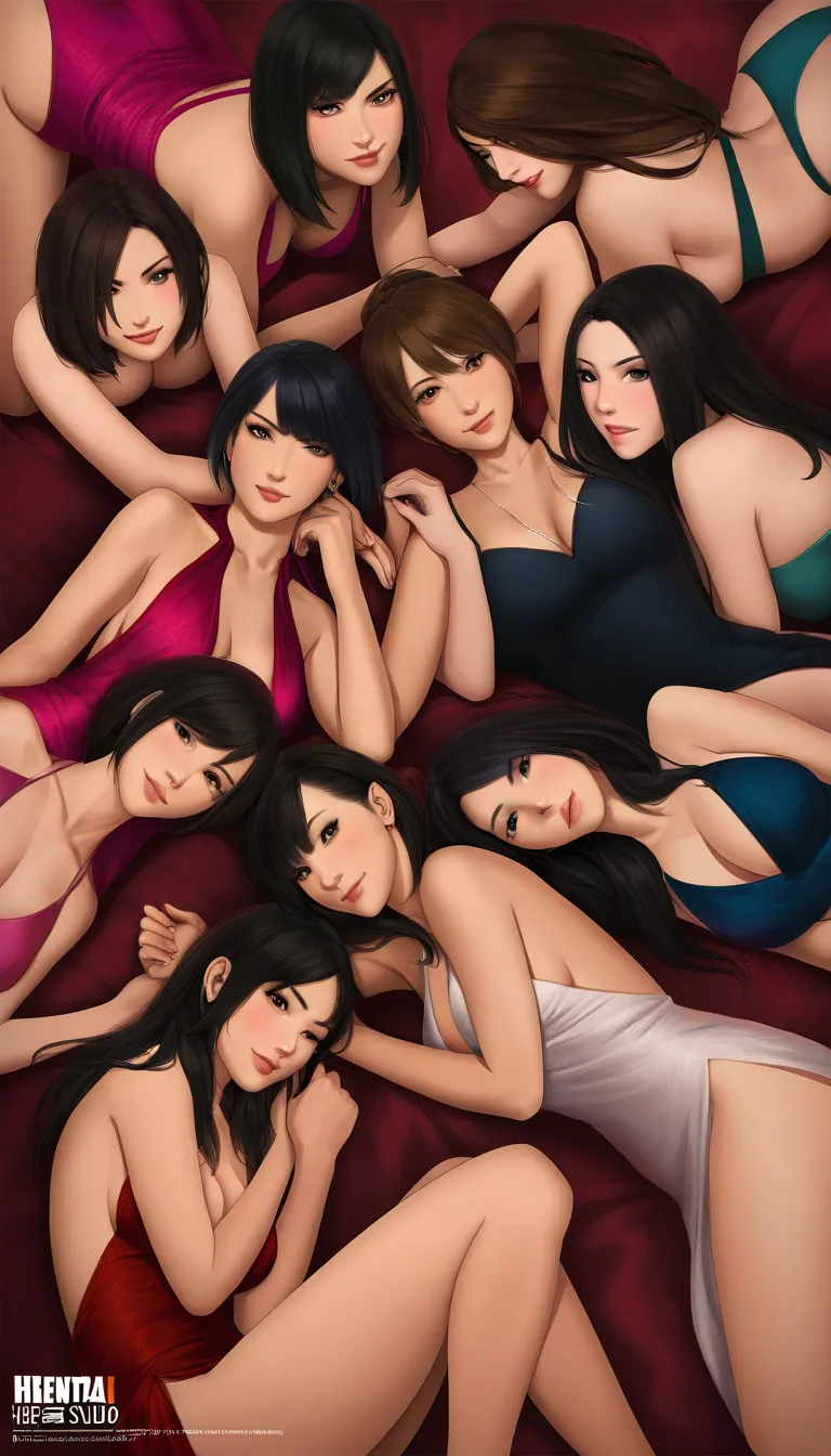 best quality, hyperrealistic, 6+girls, cocktail dress, spooning, warm tones