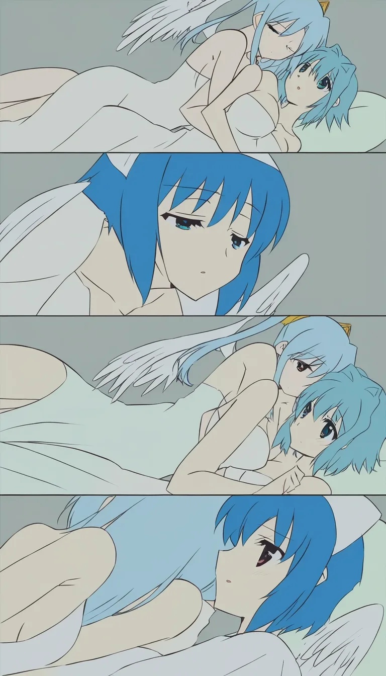 ultra detailed, crisp, 3girls, blue hair, wings, spooning, tender moment, 2D illustration