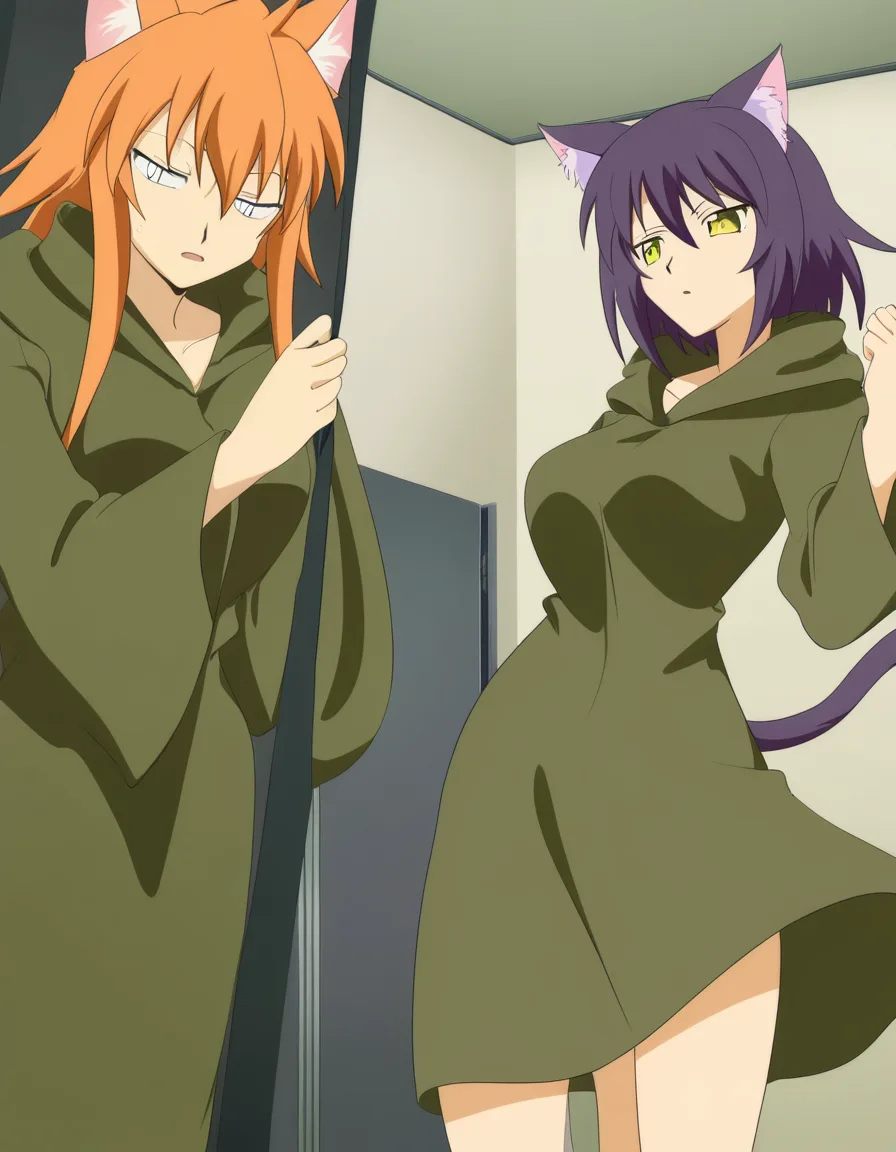 orange haired cat girl with a dark green robe happily getting fucked by a futanari Purple haired Cat girl in the bathroom as she orgasms, (anime style:1.3), 2d, anime screencap, cel shading, flat color, @00osamio00