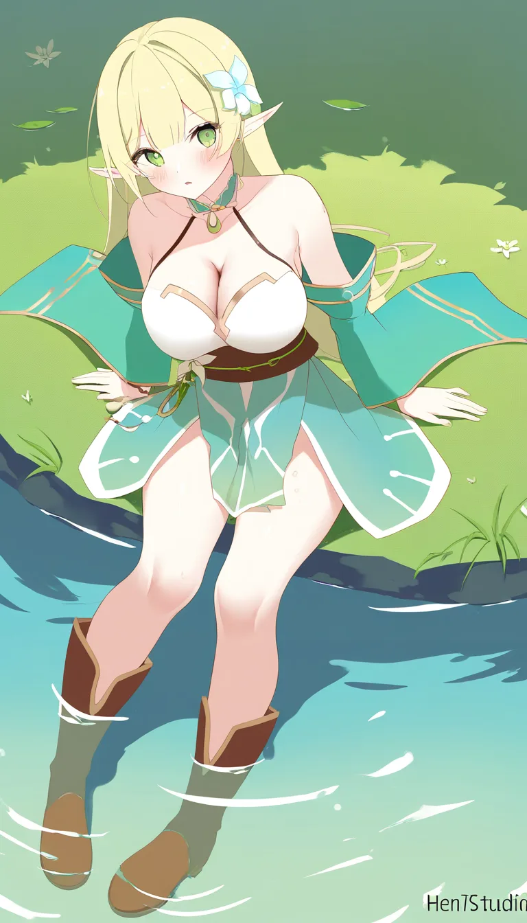 sharp focus, 8k uhd, elf girl, brown footwear, japanese clothes, paizuri, water, lifelike render