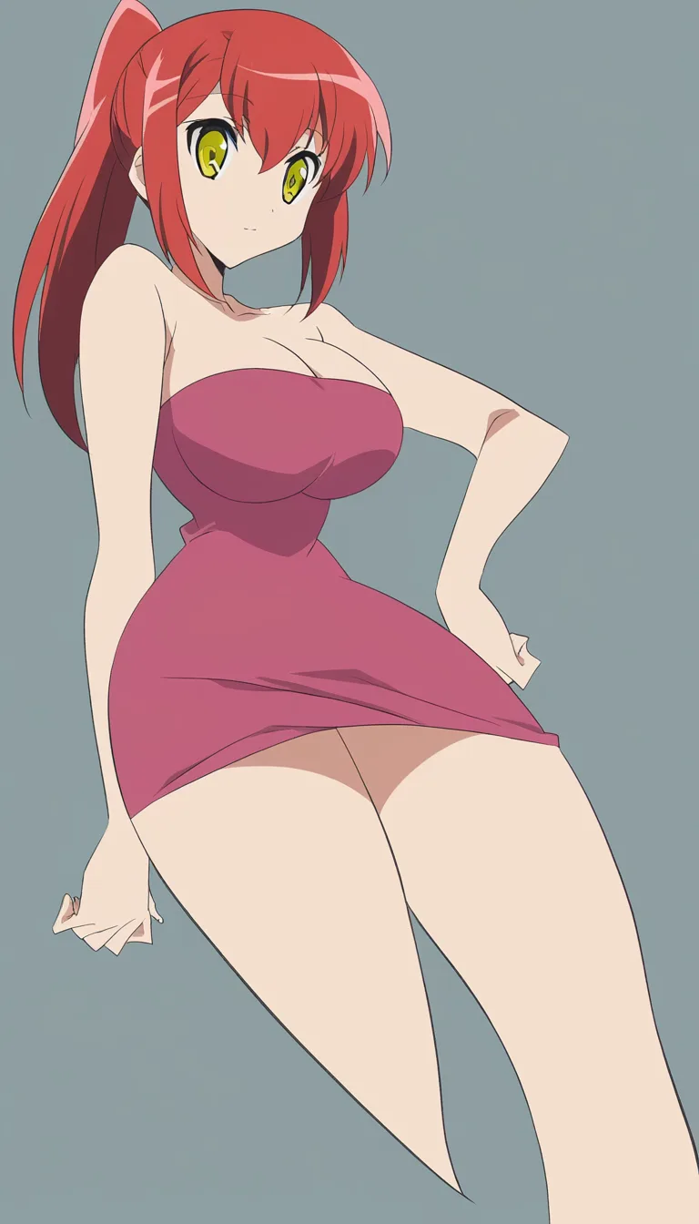Girl Asian 19yo , beautiful, red_hair ,yellow_eyes, short dress , pulling_own_clothes