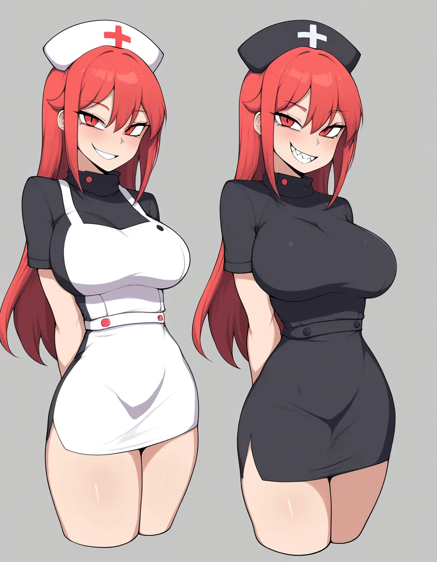 masterpiece, best quality, nurse, black skirt, presenting, teasing grin, portrait, eroge aesthetic, hentai_studio_quality