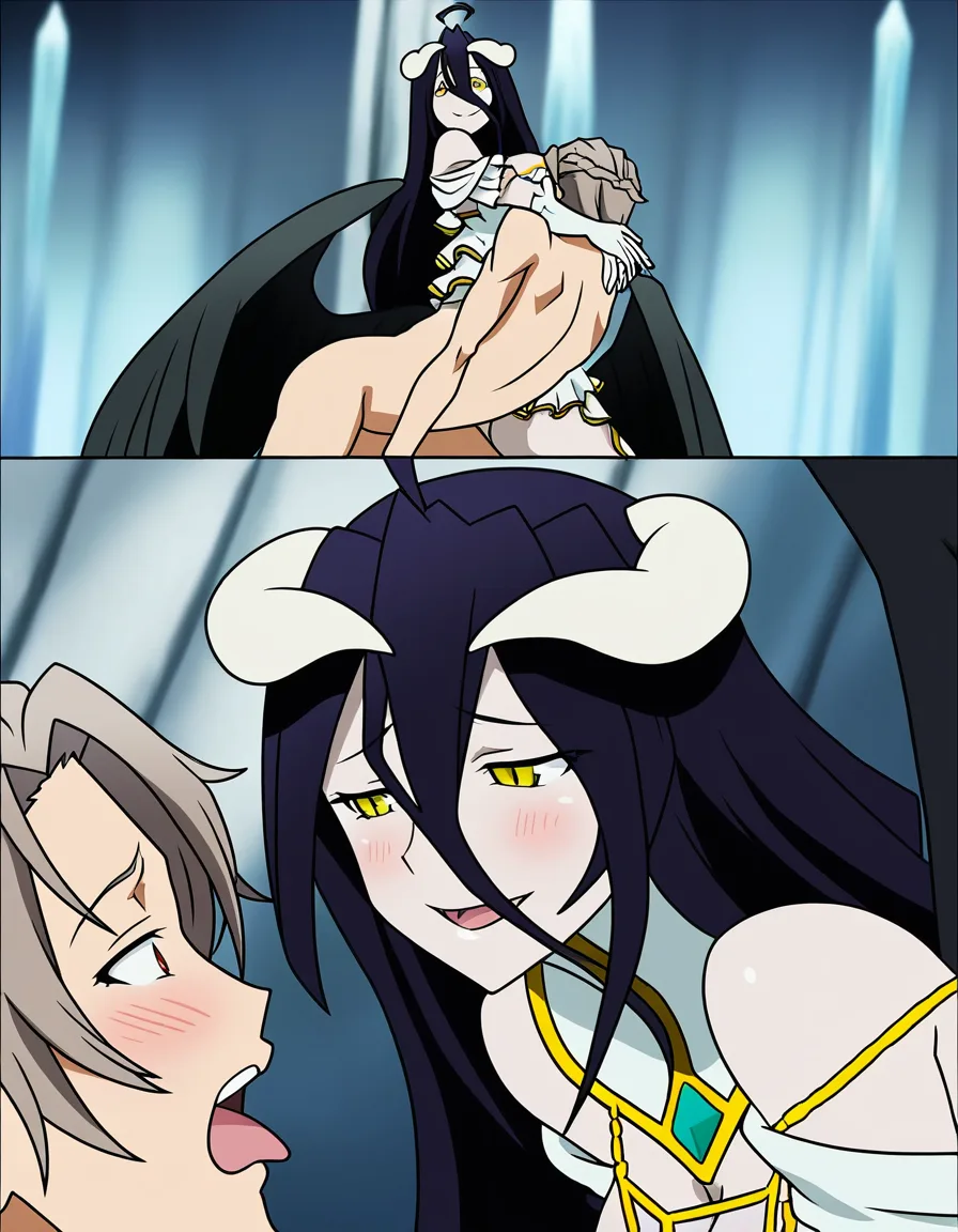 @albedo_(overlord), femdom, french_kiss, straddling, (anime style:1.3), 2d, anime screencap, cel shading, flat color