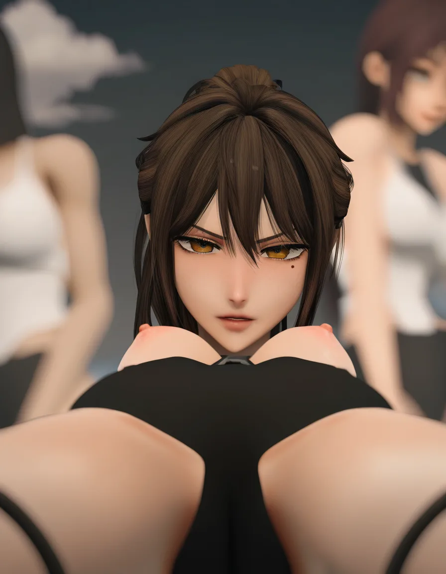 masterpiece, fine detail, 3girls, bondage, mole, brown hair, cloud, eroge aesthetic, score_9, score_8, 3d render, octane render, subsurface scattering, ray tracing, smooth shading