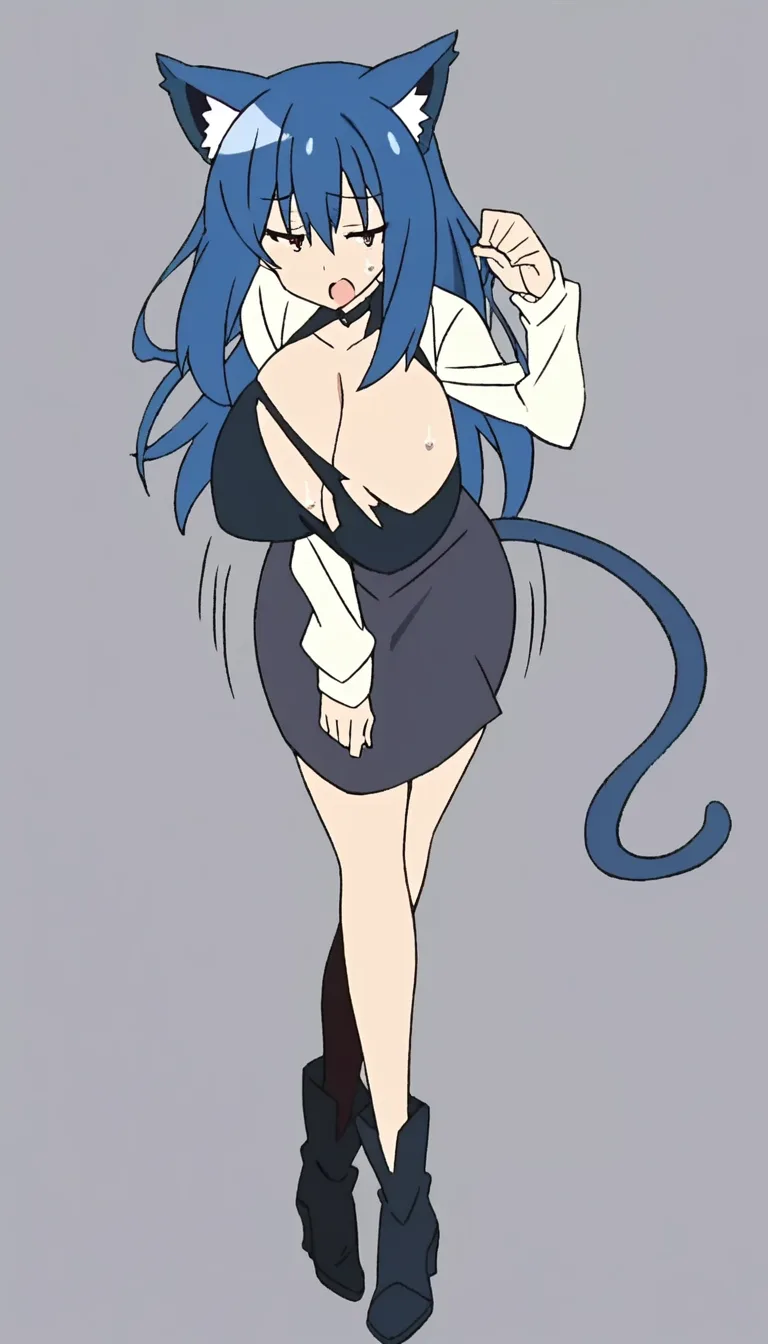 masterpiece, best quality, woman, blue hair, long sleeves, breasts_out, highly detailed anime cat_ears cat_tail twerking sweat huge_breasts huge_ass
