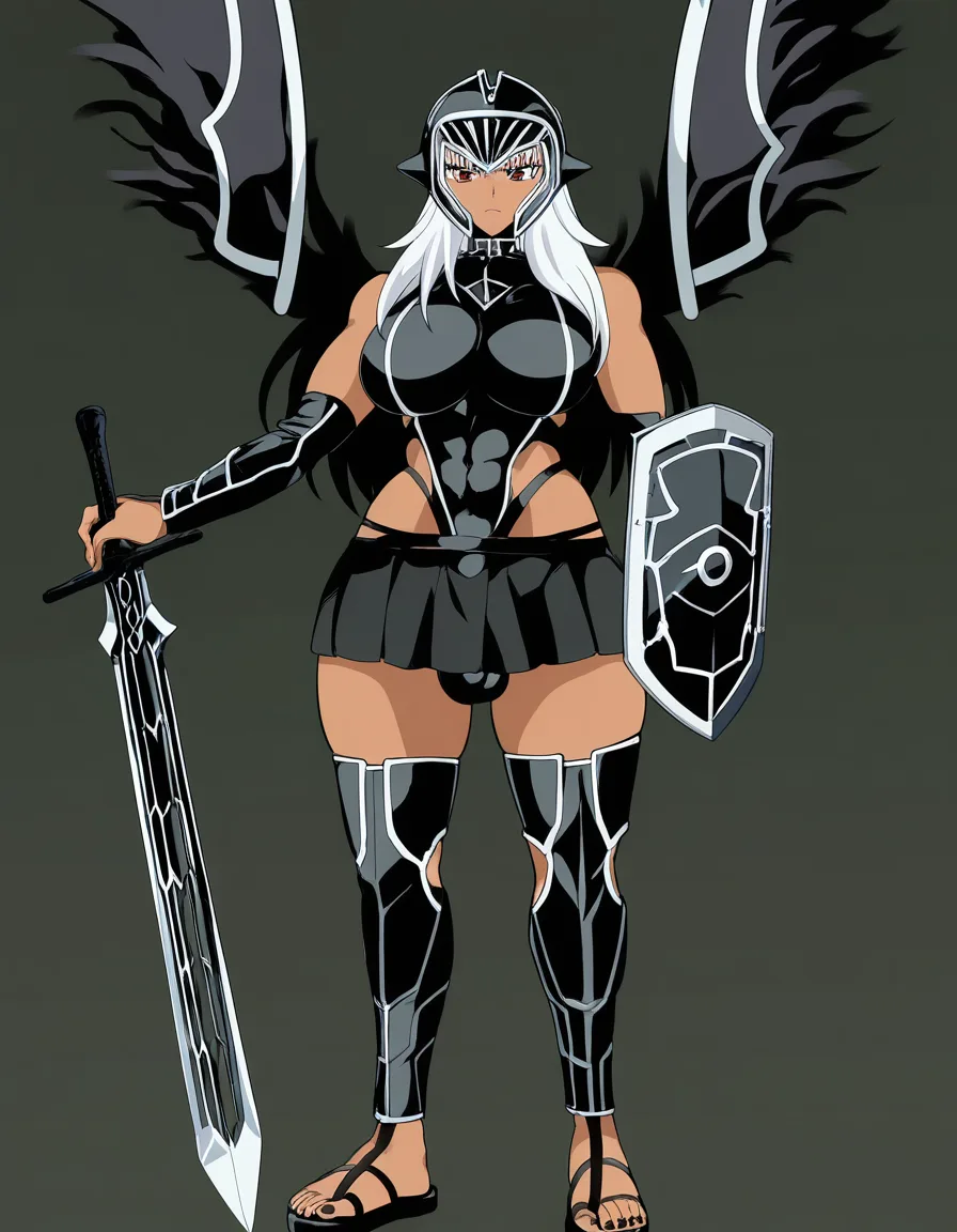 futa roman praetorian guard roman black metal helmet roman black metal segmentata armor roman black leather skirt roman black leather sandals roman black metal scutum shield roman gladius sword chubby tall dark skin black hair bimbo guarding gate luxury marmol halllway fat, bulge, thick_thighs revealing_clothes, (anime style:1.3), 2d, anime screencap, cel shading, flat color, @00osamio00