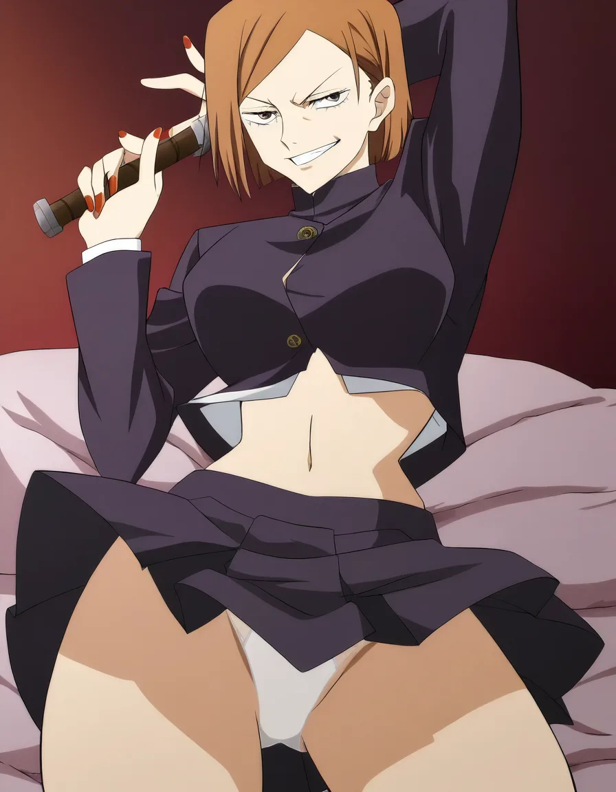 Nobara Kugisaki from the anime Jujutsu Kaisen: She’s wearing her uniform and is lying on a bed. Her arms are extended up, and a nail (from her trademark nail + hammer attach style) is shown as going through each sleeve, pinning her down. Her skirt is riding up, exposing her white panties. Her hammer is on her left side. Nobara has a smirk on her face., (anime style:1.3), 2d, anime screencap, cel shading, flat color