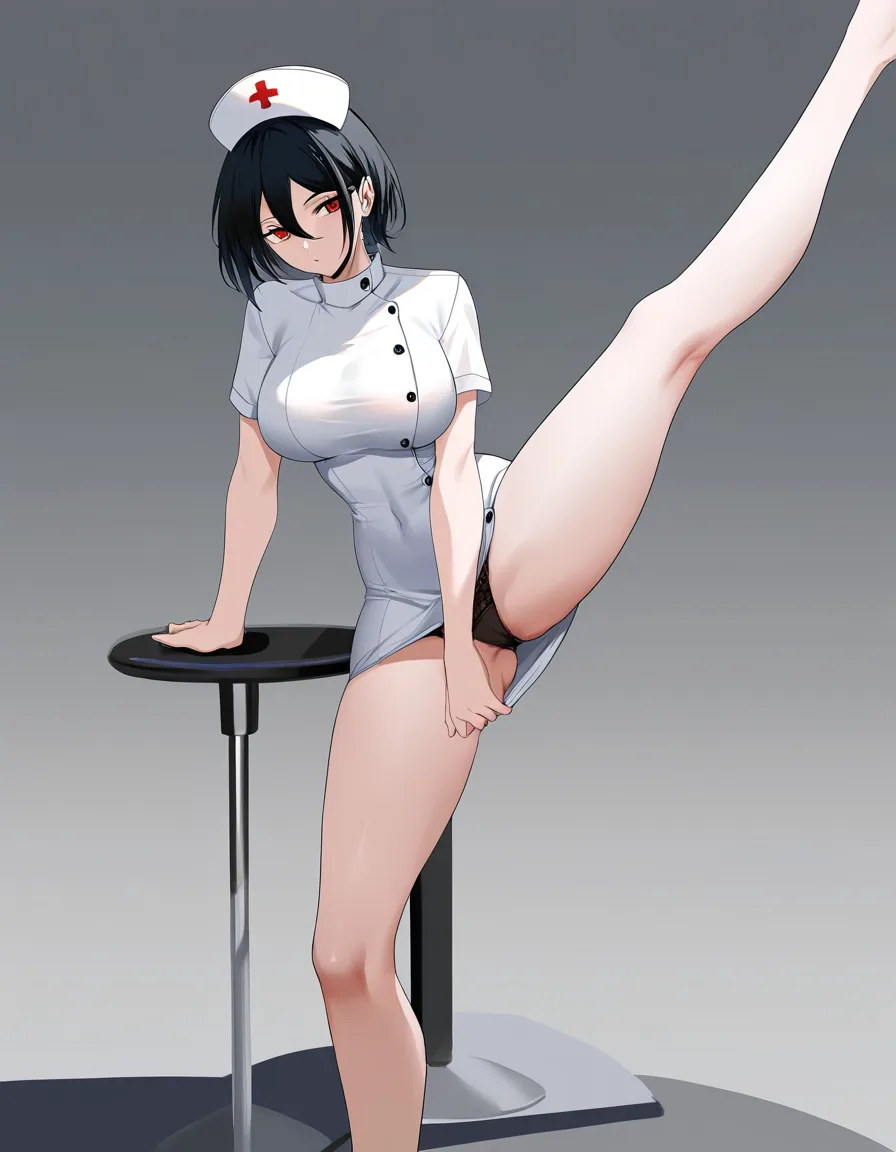 masterpiece, best quality, nurse, leg up, legs, simple background, soft cel shading, hentai_studio_quality
