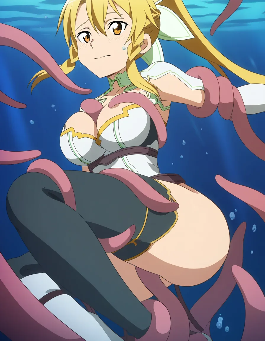 @leafa_(sao) cleavage_cutout hanging_breasts pants_pull ass_focus tentacles octopus around one leg tentacle penetration, underwater chest cleavage tentacles around breasts, tentacle octopus squeezing breasts, aroused, (anime style:1.3), 2d, anime screencap, cel shading, flat color