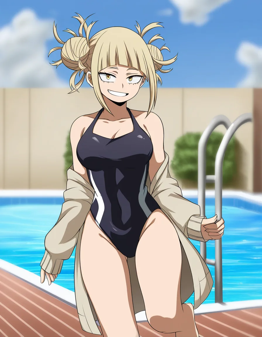 solo, 1girl, only one character, Himiko Toga from My Hero Academia, blonde hair in two messy buns, yellow eyes, cute playful smile, standing at the edge of a swimming pool, doing a  leg_up pose, wearing a modest black one-piece bikini with her beige cardigan over it, water background, sunny day, anime style, masterpiece, best quality, hentai_studio_quality