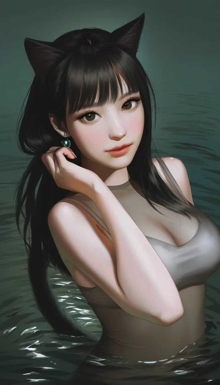 dslr, film grain, photorealistic, catgirl, medium breasts, earrings, hair flip, tentacle, water, studio photo