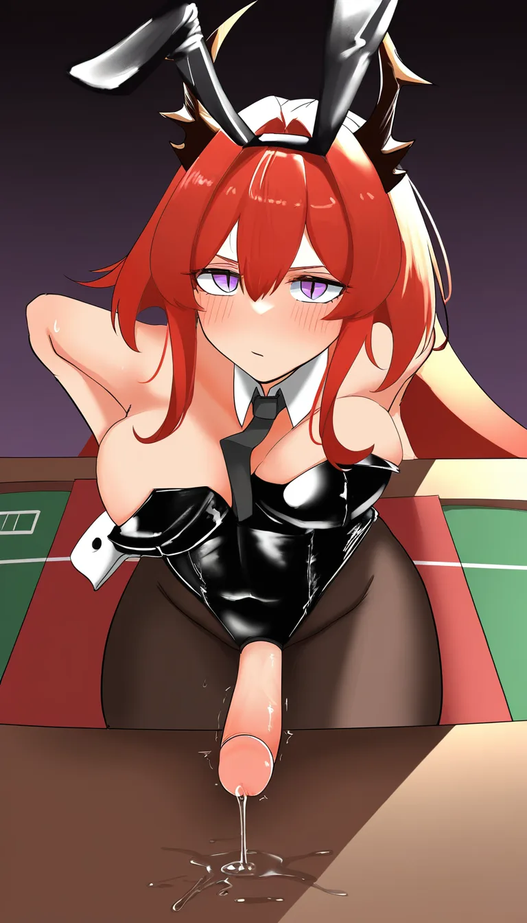 @surtr_(arknights) , café, bunny costume, standing near the table, futanari, precum, shots of semen on the table, hentai_studio_quality