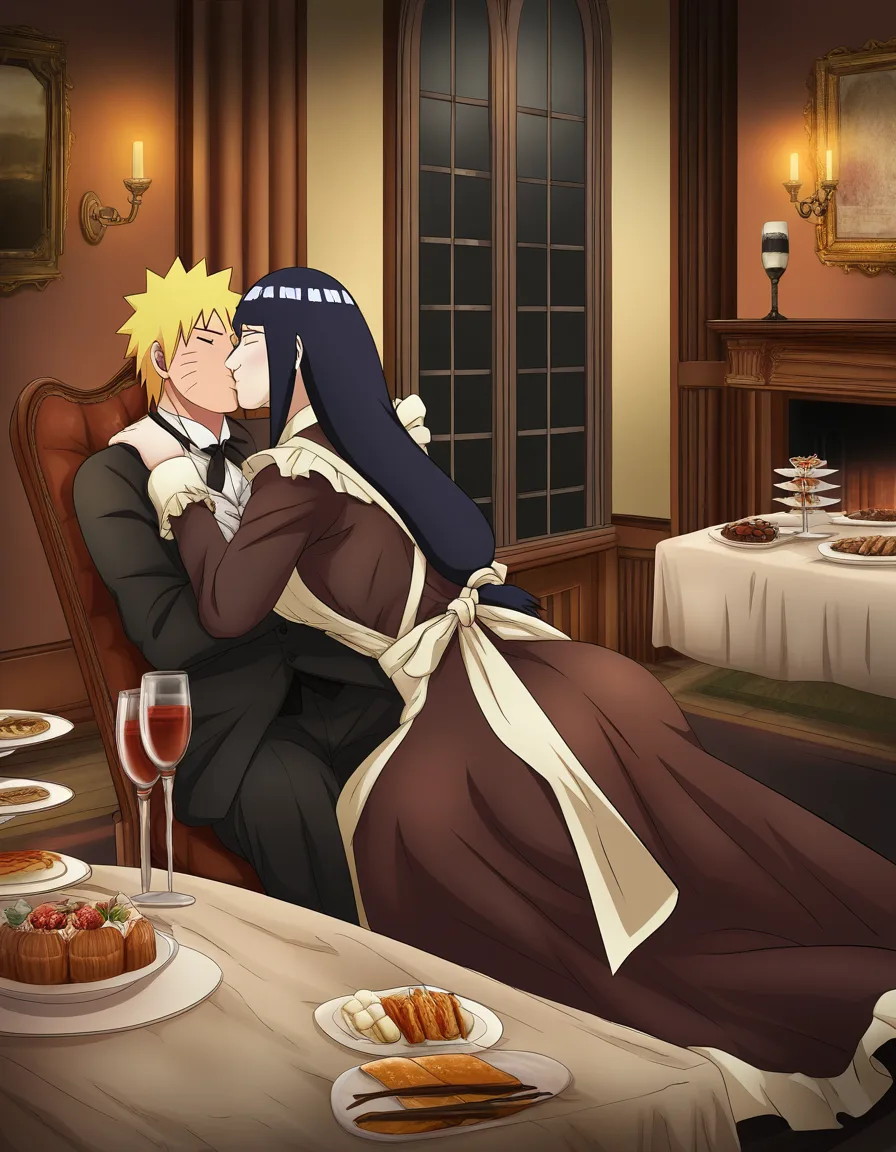 Naruto Uzumaki, sitting, Victorian suit, @hyuuga_hinata, long_hair, Victorian Maid, sitting_on_person, kiss, grabbing_another's_ass, Victorian table, food, drink, Victorian room, hentai_studio_quality
