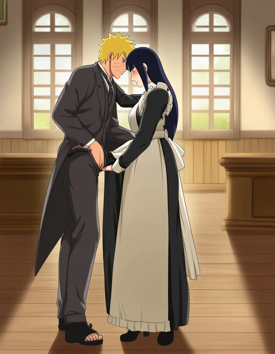Naruto Uzumaki, standing, Victorian suit, @hyuuga_hinata, long_hair, Victorian Maid, standing, open skirt, fingering, Victorian room, window, hentai_studio_quality