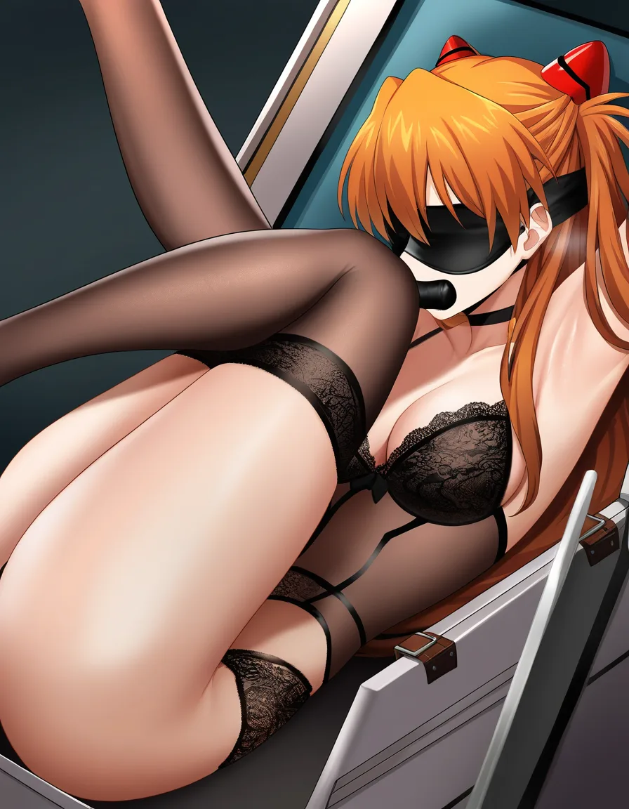 /masterpiece /ultra_detailed /sharp_focus /highres @souryuu_asuka_langley #lingerie #gagged #in_container #suitcase #blindfold #legs_up, hentai_studio_quality
