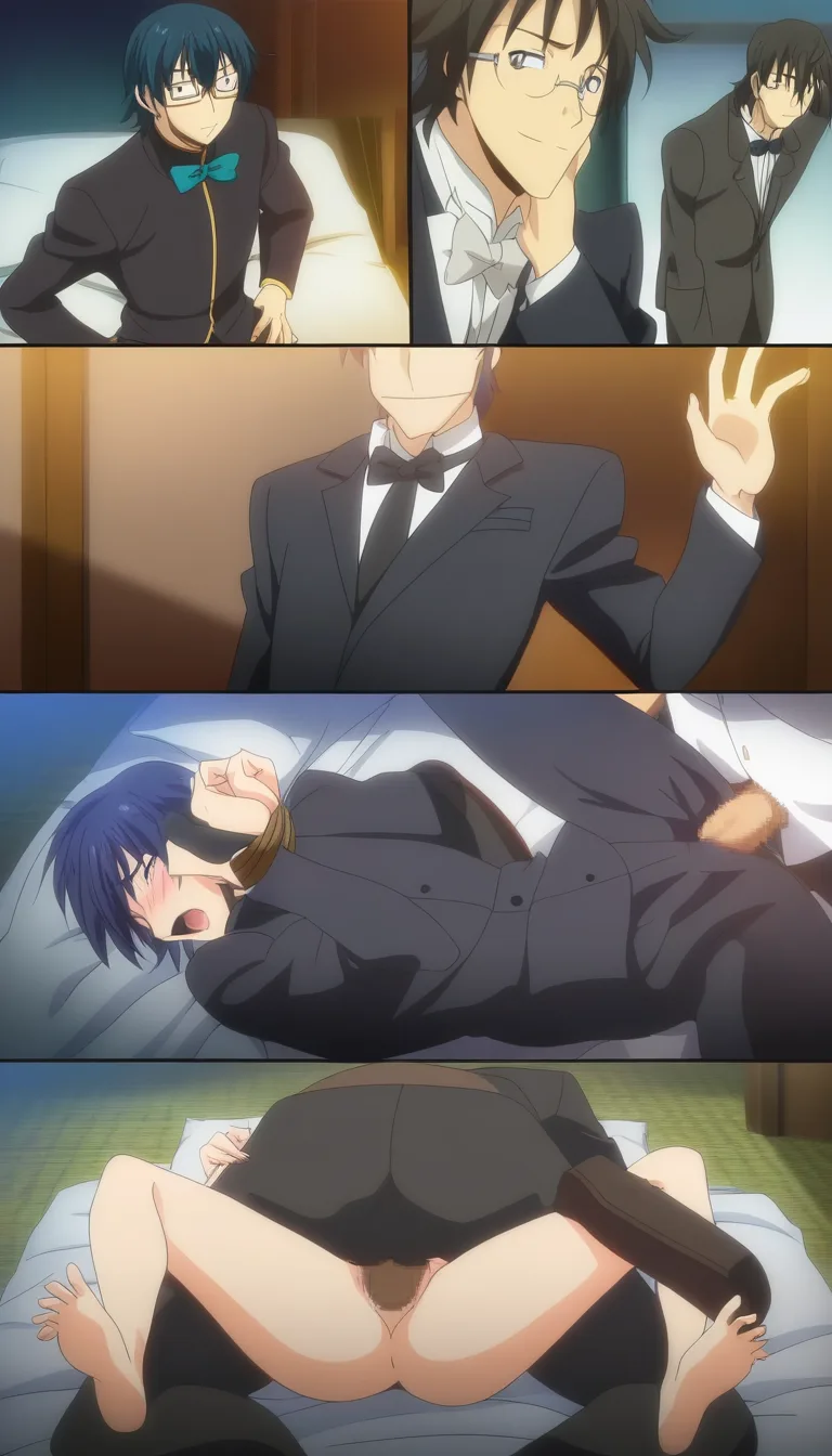 highly detailed, sharp, succubus, glasses, bowtie, bondage, doujin style, missionary, creampie, hentai_studio_quality, male_focus, males_only, homosexual, (anime style:1.3), 2d, anime screencap, cel shading, flat color