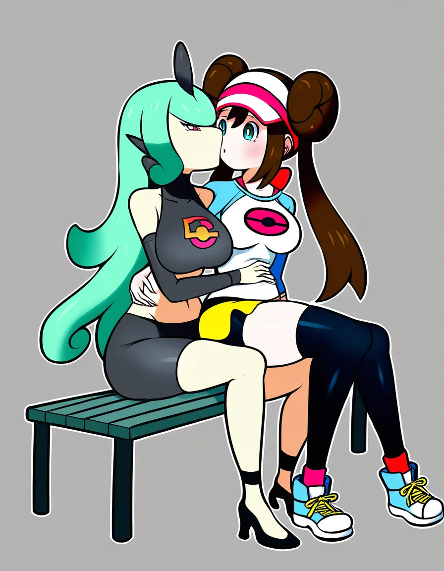 rosa_(pokemon) Rosa in a white shirt with sky blue sleeves and a pink pokeball logo on the middle of her chest on the white t shirt. Wearing black tight ankle high leggings and black flats. sittiting on another girls lap who'd sitting on a bench. sitting_on_person, looking_at_another. As the other girl grabs Rosa's massive ass through her tight dark ankle high leggings. grabbing_another's_ass. While they kiss. french_kiss, hentai_studio_quality