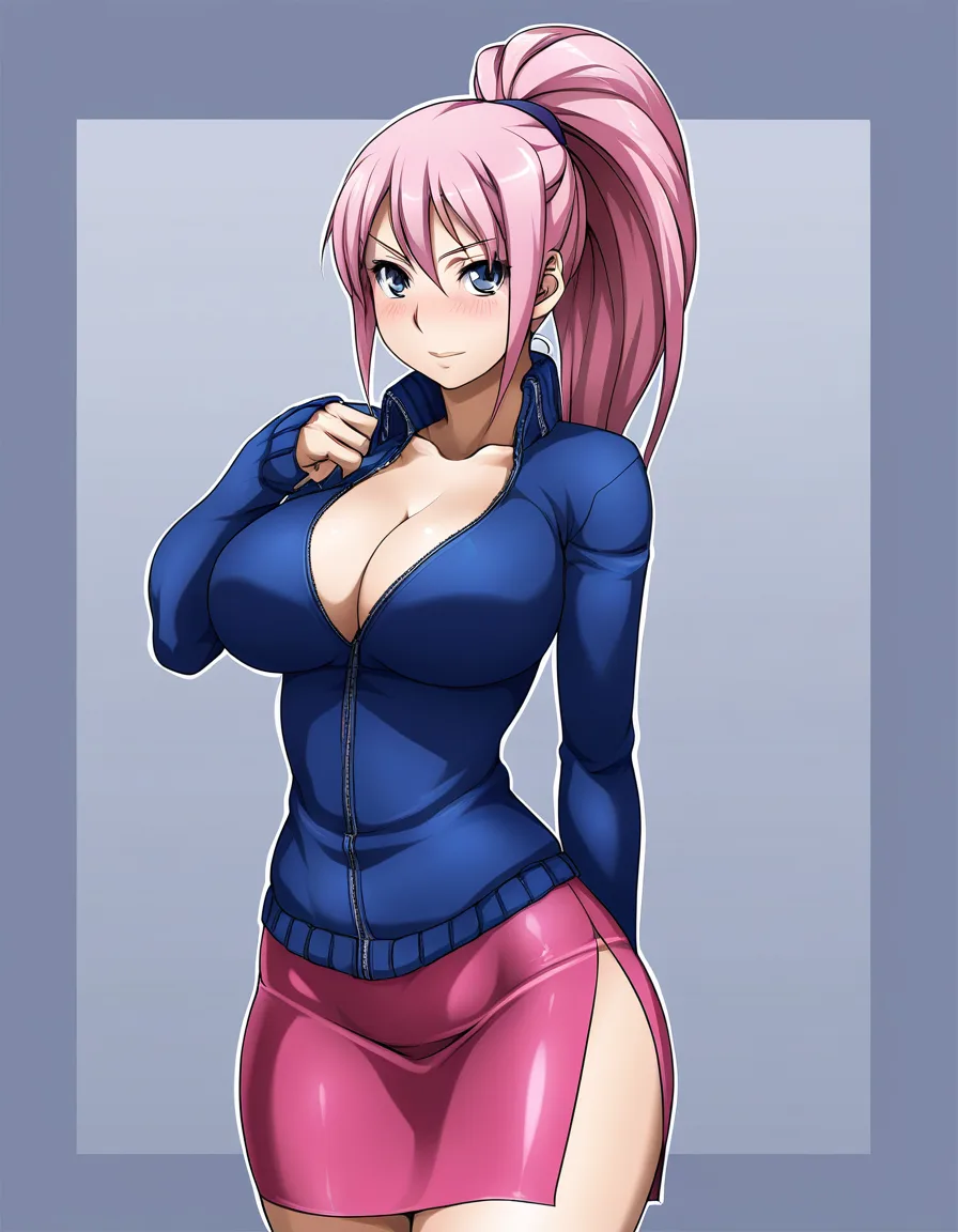 pink hair in ponytail, tight fitting blue sweater, pink skirt, busty, sexy, early 20s, hentai_studio_quality