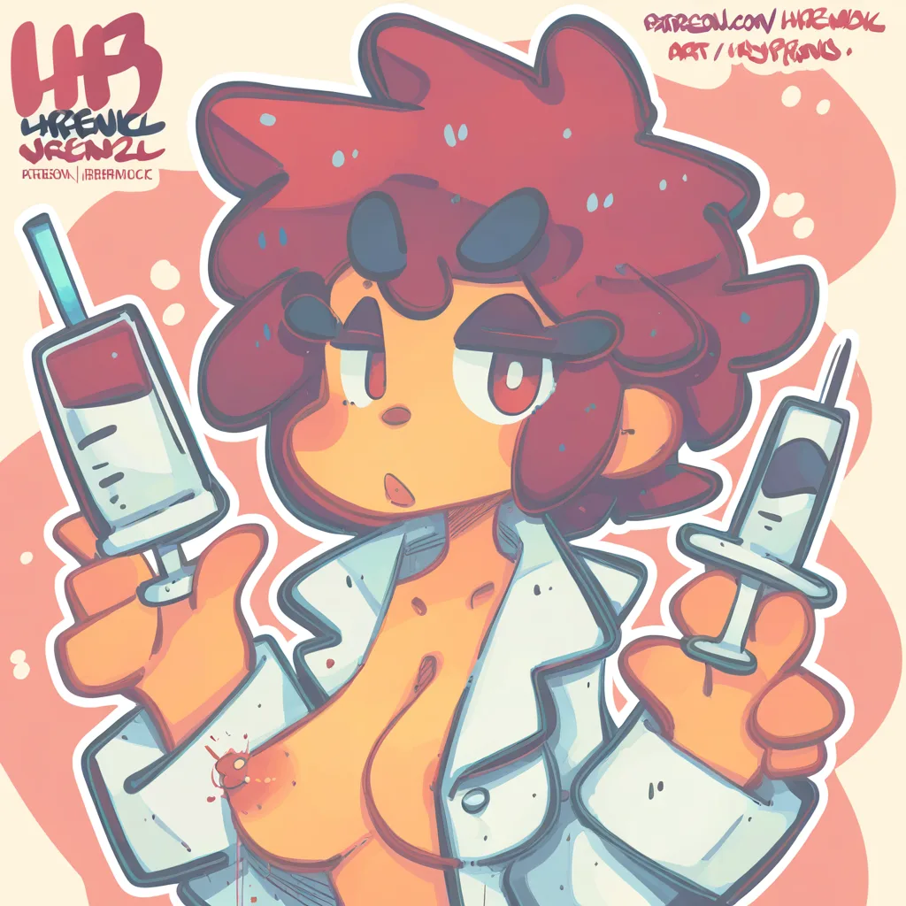Tomboy, jrpencil, red hair, messy hair, open lab coat, asymmetrical breasts, nipple injection, holding syringe,