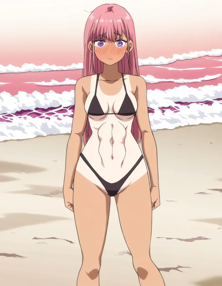 Kiara, (soft tan, no_tanlines,) absurdres, highres, (nervous blush,) (black micro_bikini, highleg_panties) athletic physique, abs, curvy figure (rose pink_hair, medium_hair, straight_hair, exposed forehead, hair_behind_ear) royal purple_eyes, (straight-on, full_body, (breasts_touching, small_breasts) (1girl, solo, standing, arms_at_sides, legs_apart), japanese descent, (beach, crashing waves),, (anime style:1.3), 2d, anime screencap, cel shading, flat color